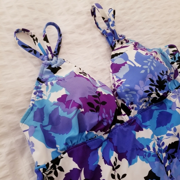 Two Piece Trikini Blue Floral Black Bathing Suit Swim - Picture 2 of 8